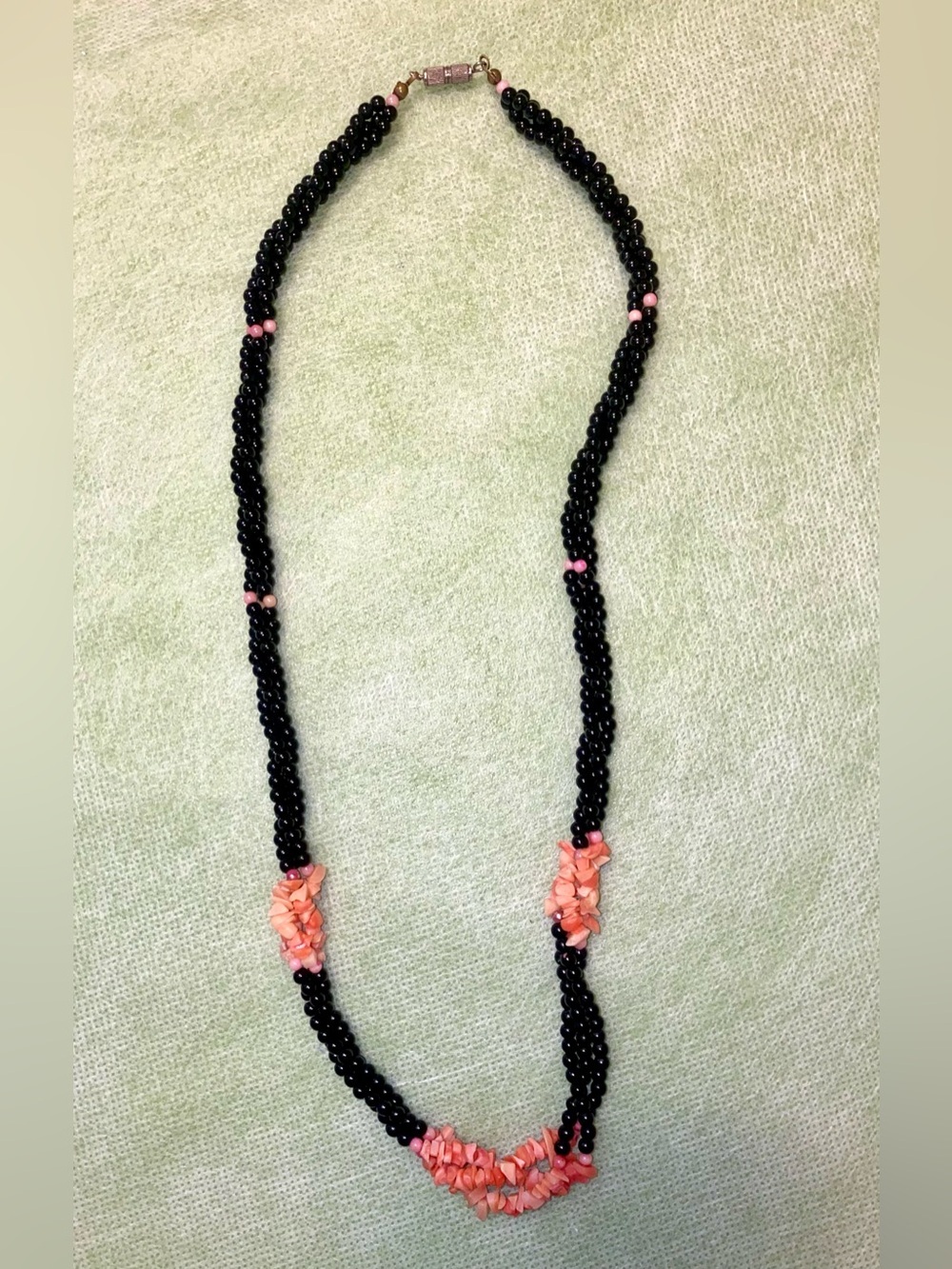 Black Beaded Necklace with Pink Coral Accents